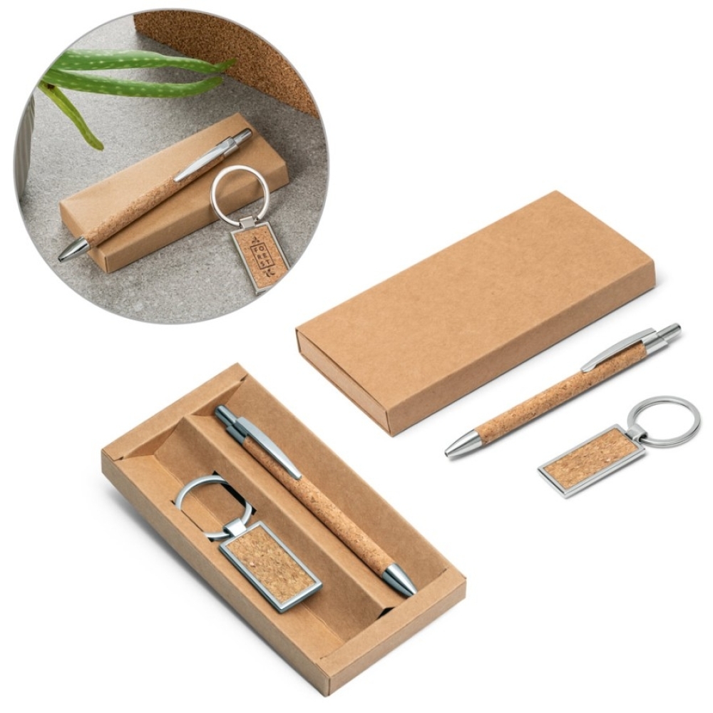 LAVRE. Kit esferográfica e chaveiro em metal com acabamento em cortiça