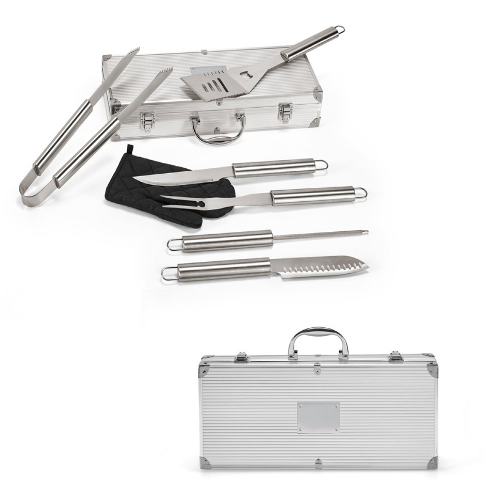 MACE. Kit churrasco em estojo de alumínio com luva de cozinha em poliéster e 6 utensílios em aço inox