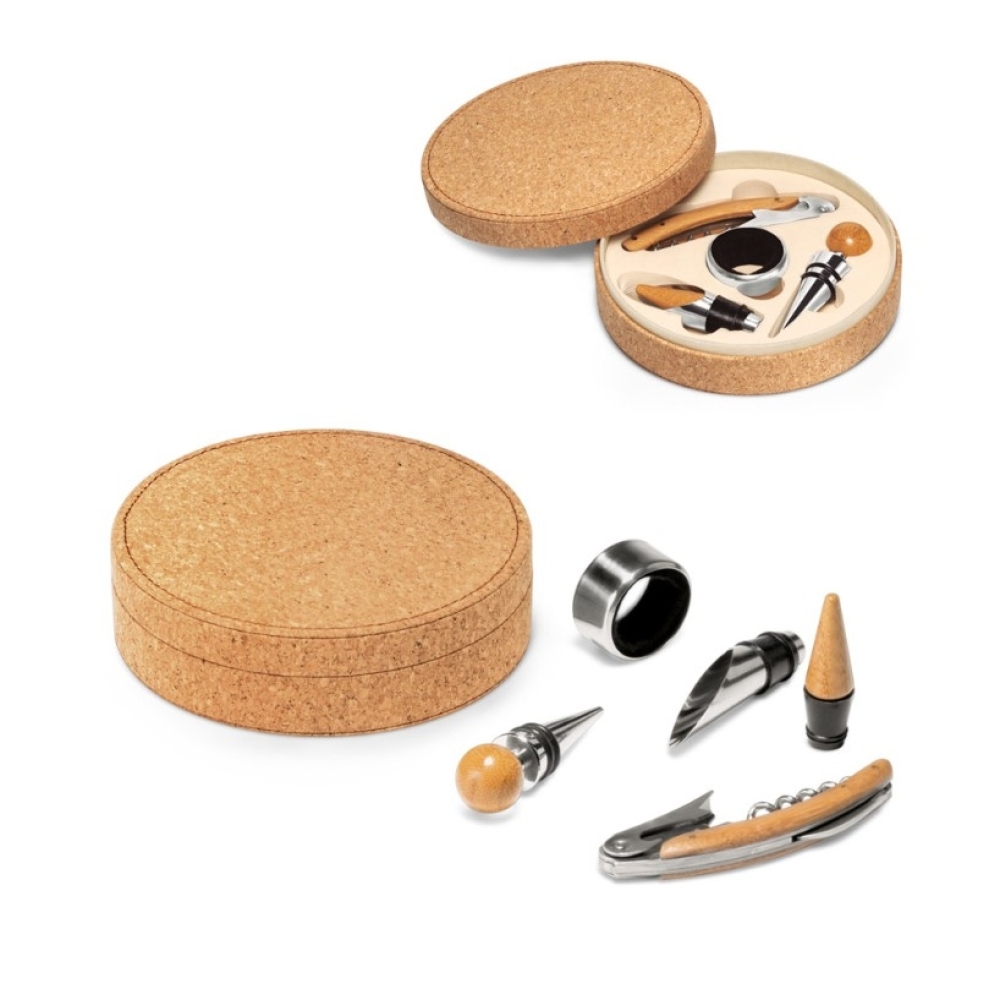 MORETO. Conjunto para vinho com 4 peças em madeira e metal